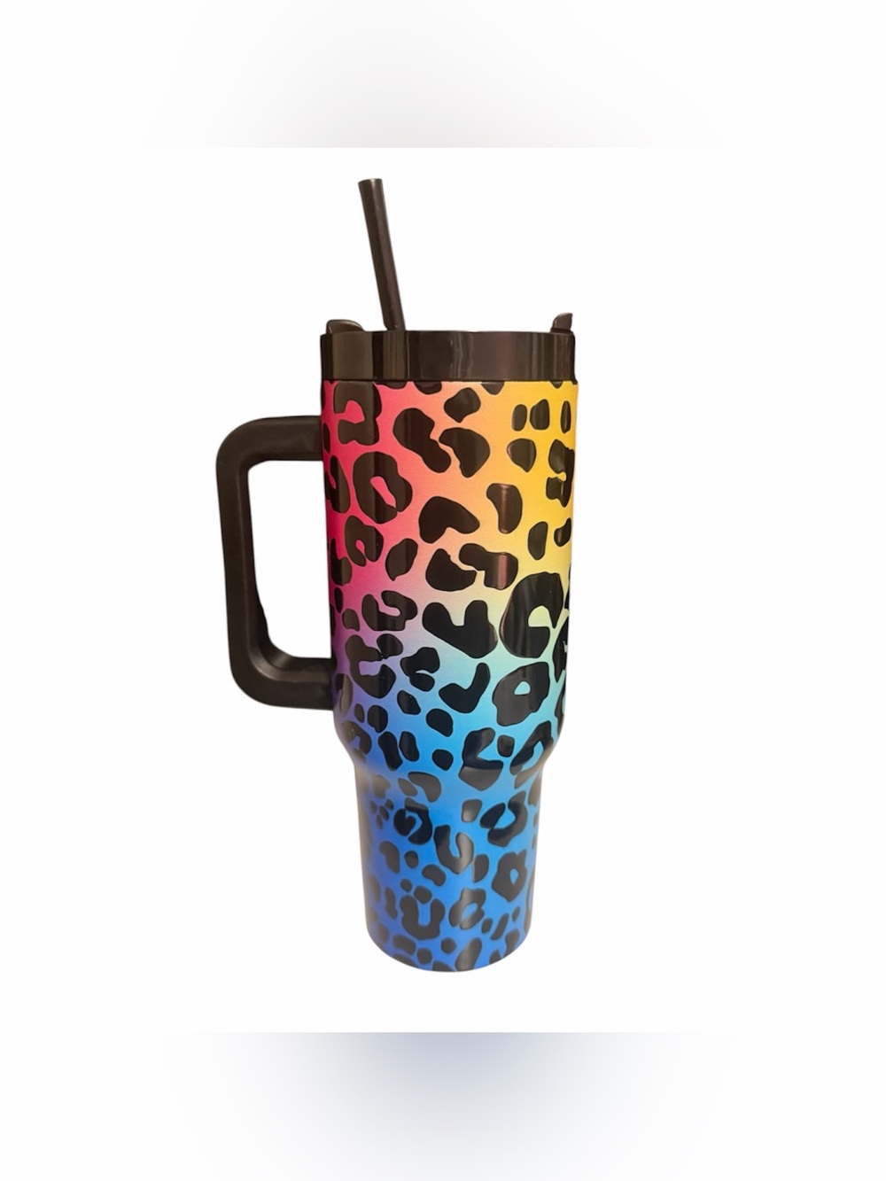 Rainbow Leopard Print Travel Tumbler with Handle and Straw